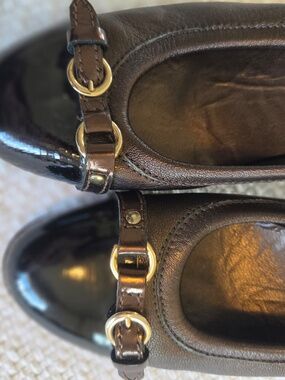 AGL made in Italy brown leather heels black patent toe women's size 8